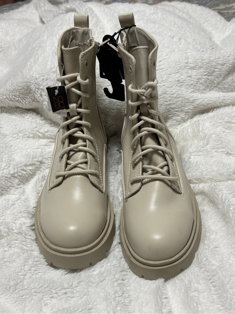 NOBO Womens Cream Lace-Up Combat Boots with Chunky Sole Size 8